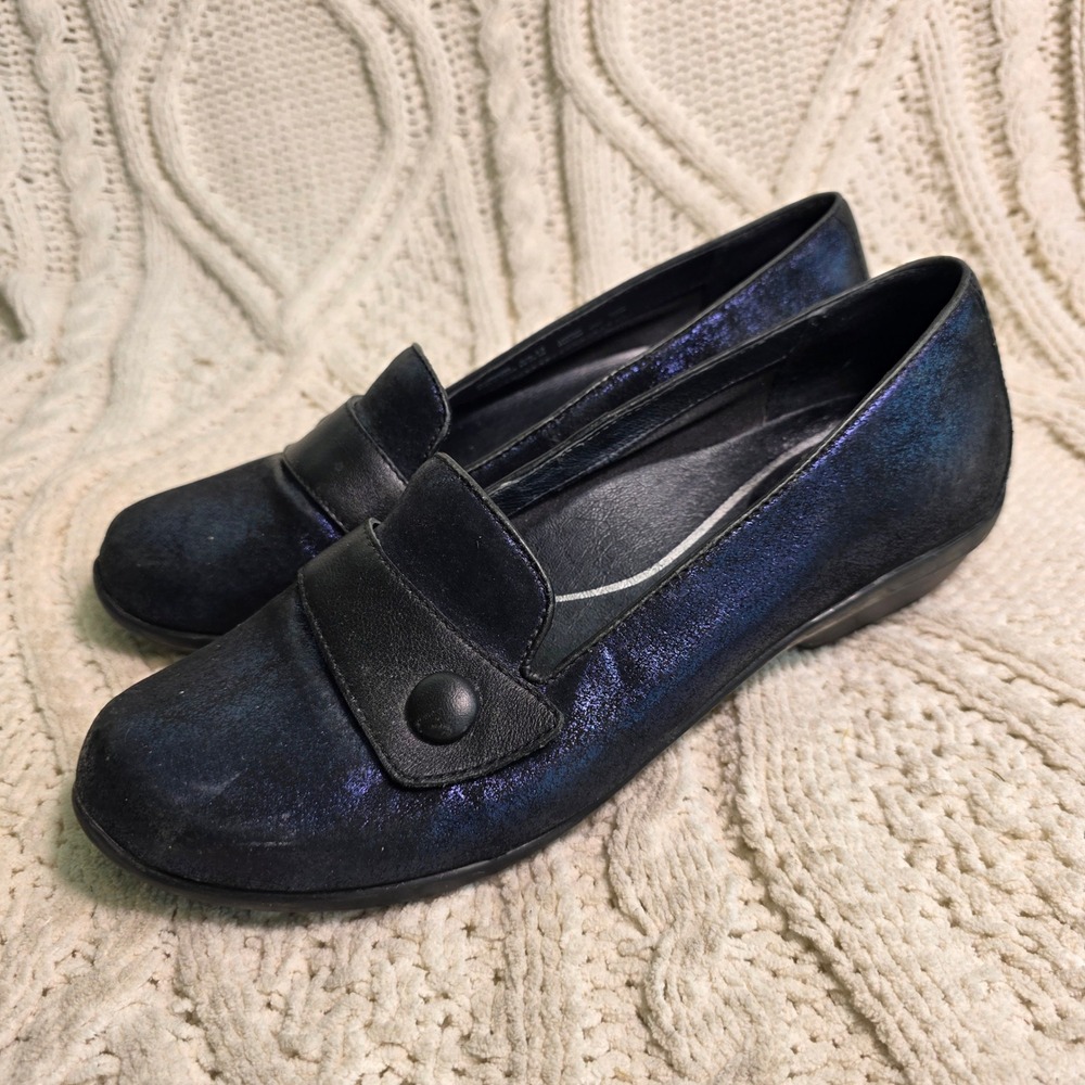 Dansko Loafers Navy Blue Shimmer Milled Leather Shoes Button Women 39 8 8.5